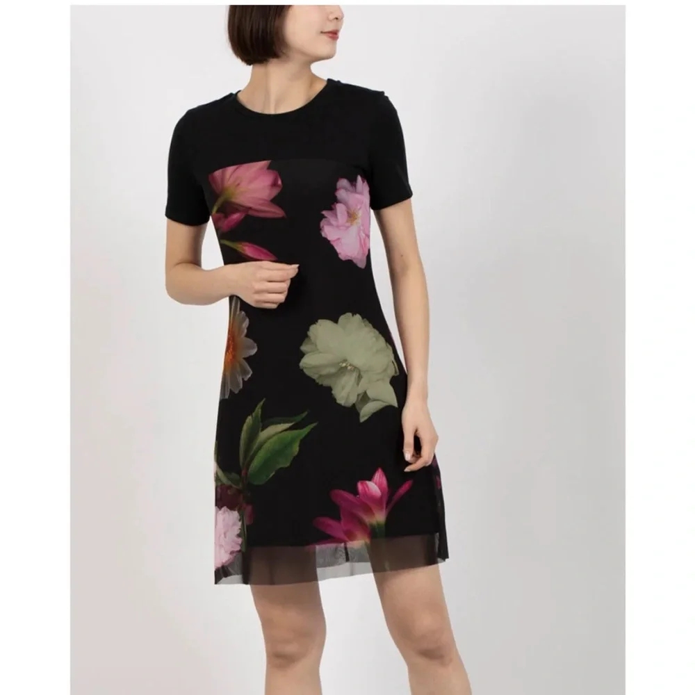 Desigual Black Mini Dress with Pink and Green Floral Print | M - Picture 2 of 6